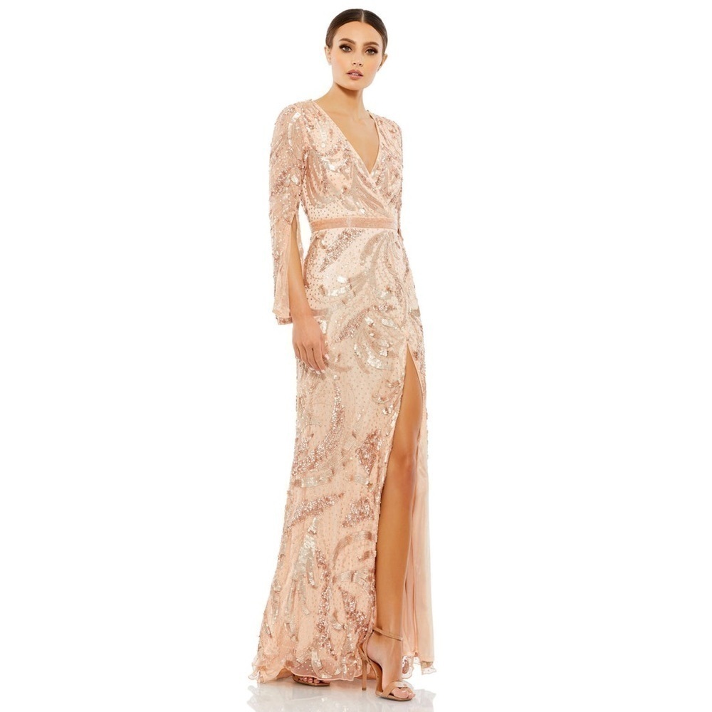 MAC DUGGAL Rose Gold Sequined faux wrap split long sleeve gown 16 NWT